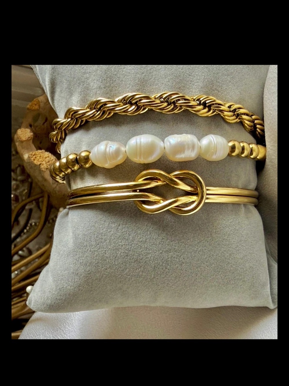 Gold Pearl & Knot Bracelet Stack - Gold and White